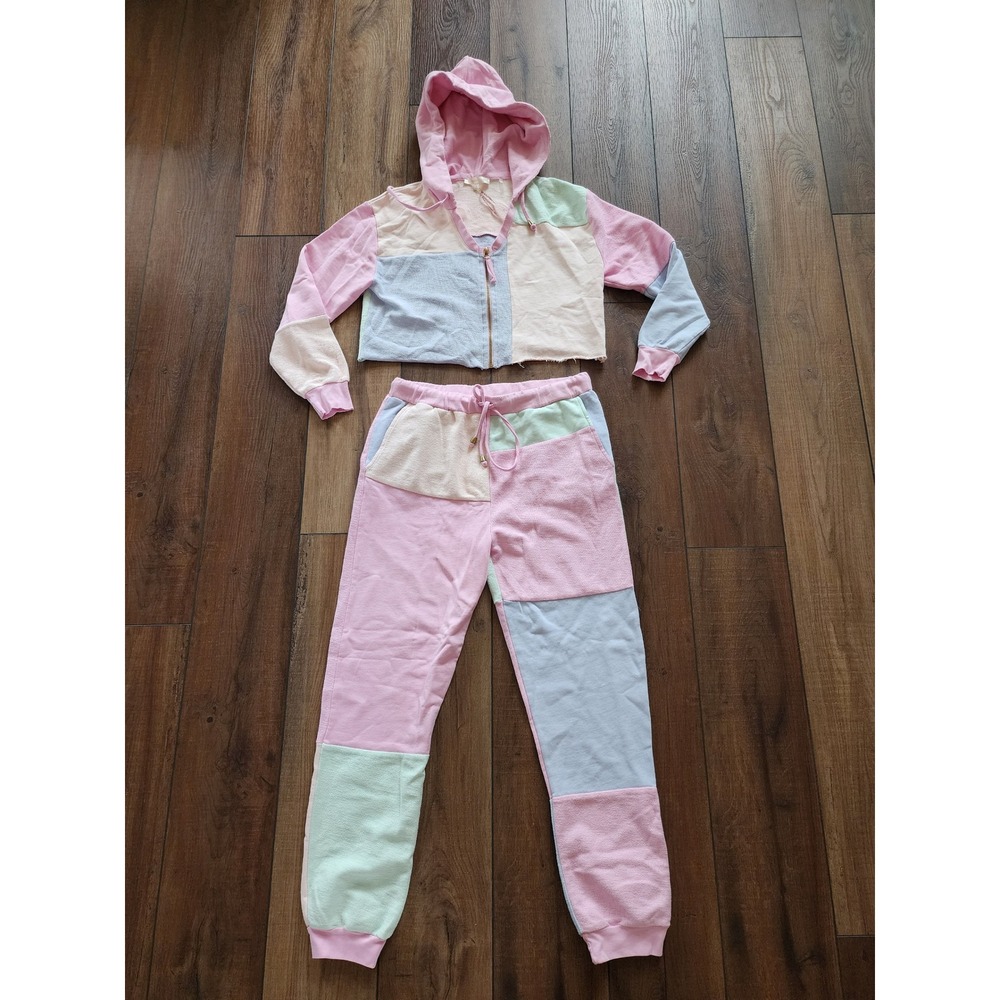 NWT Love Shack Fancy Jogger Sweatpants Hoodie Set Colorblock Hearts Pink BlueS